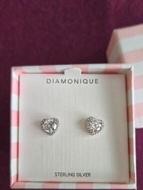 Diamonique Sterling Silver Heart Halo Stud Earrings - Silver